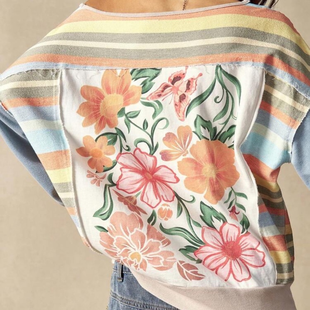 Cozy Multicolor Floral Print V Neck Loose Fit Long Sleeve Top S M L